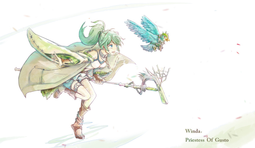 1girl armored_animal bare_shoulders bird breasts character_name collar duel_monster gloves green_eyes green_hair gusto_gulldo hair_ornament highres holding holding_staff jacket jewelry long_hair medium_breasts necklace open_mouth ponytail red_eyes sandals shorts staff standing standing_on_one_leg tamago_(xyxk3743) thighlet winda_priestess_of_gusto yu-gi-oh!