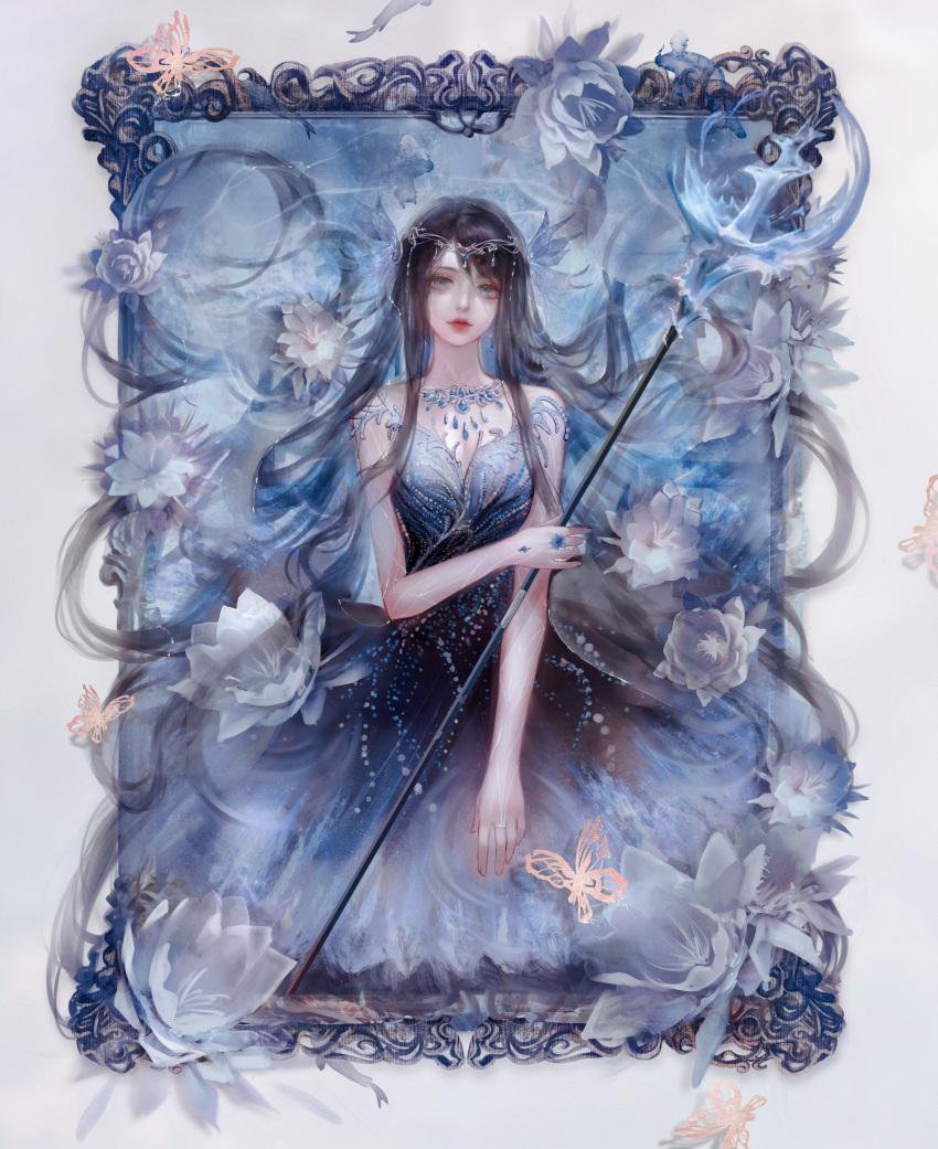 1girl absurdres black_hair bug butterfly dress framed hair_ornament highres holding holding_scepter jewelry jiaopiupiu long_hair looking_at_viewer lying_on_water necklace original scepter solo strapless strapless_dress very_long_hair water waves yellow_butterfly