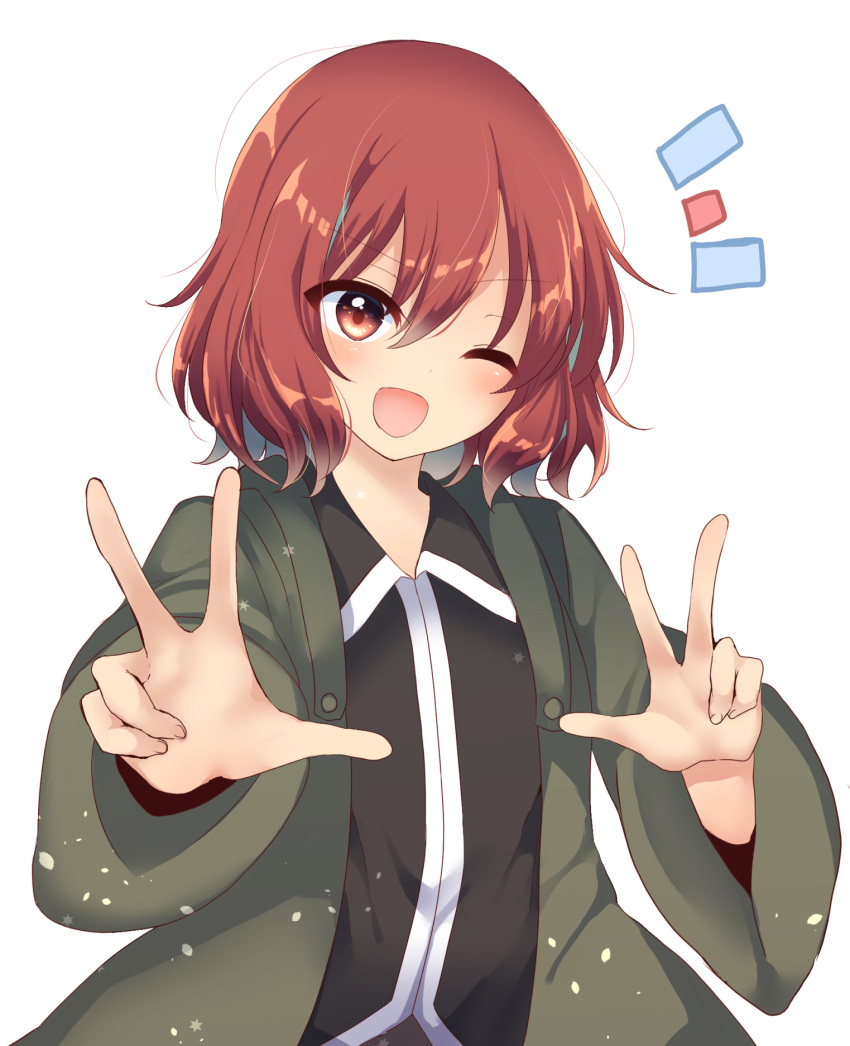 1other androgynous coat double_v green_coat hands_up highres len'en looking_at_viewer one_eye_closed open_mouth ougi_hina red_eyes redhead shitodo_hooaka short_hair smile v