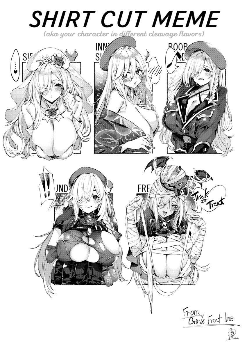 ! !! 1girl bandages beret braid breasts chart english_text g36c_(girls'_frontline) girls_frontline greyscale hair_over_one_eye hat heart highres huge_breasts iapoc long_hair meme monochrome shirt_cut_meme side_braid speech_bubble spoken_heart torn_clothes