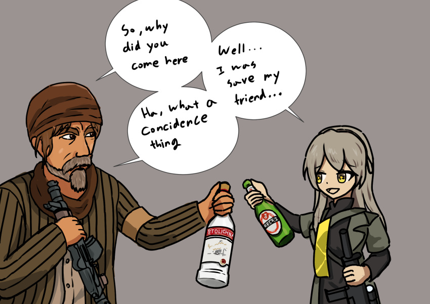 1boy 1girl alcohol beard bottle call_of_duty:_black_ops english_text engrish_text facial_hair girls_frontline gun hair_ribbon highres holding holding_gun holding_weapon ranguage ribbon simple_background speech_bubble star-shaped_pupils star_(symbol) stolichnaya_(vodka) symbol-shaped_pupils ump40_(girls'_frontline) user_hnrt4232 viktor_reznov vodka weapon wine_bottle