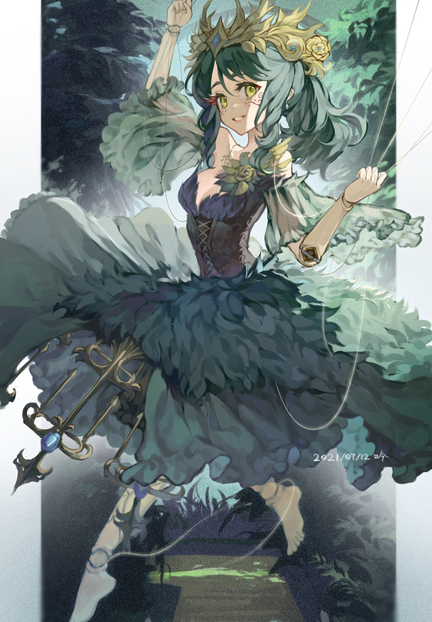 1girl absurdres bare_shoulders corset detached_sleeves doll_joints dress emma_woods floating green_dress green_eyes green_hair highres identity_v joints looking_at_viewer see-through_sleeves smile solo ziyin480