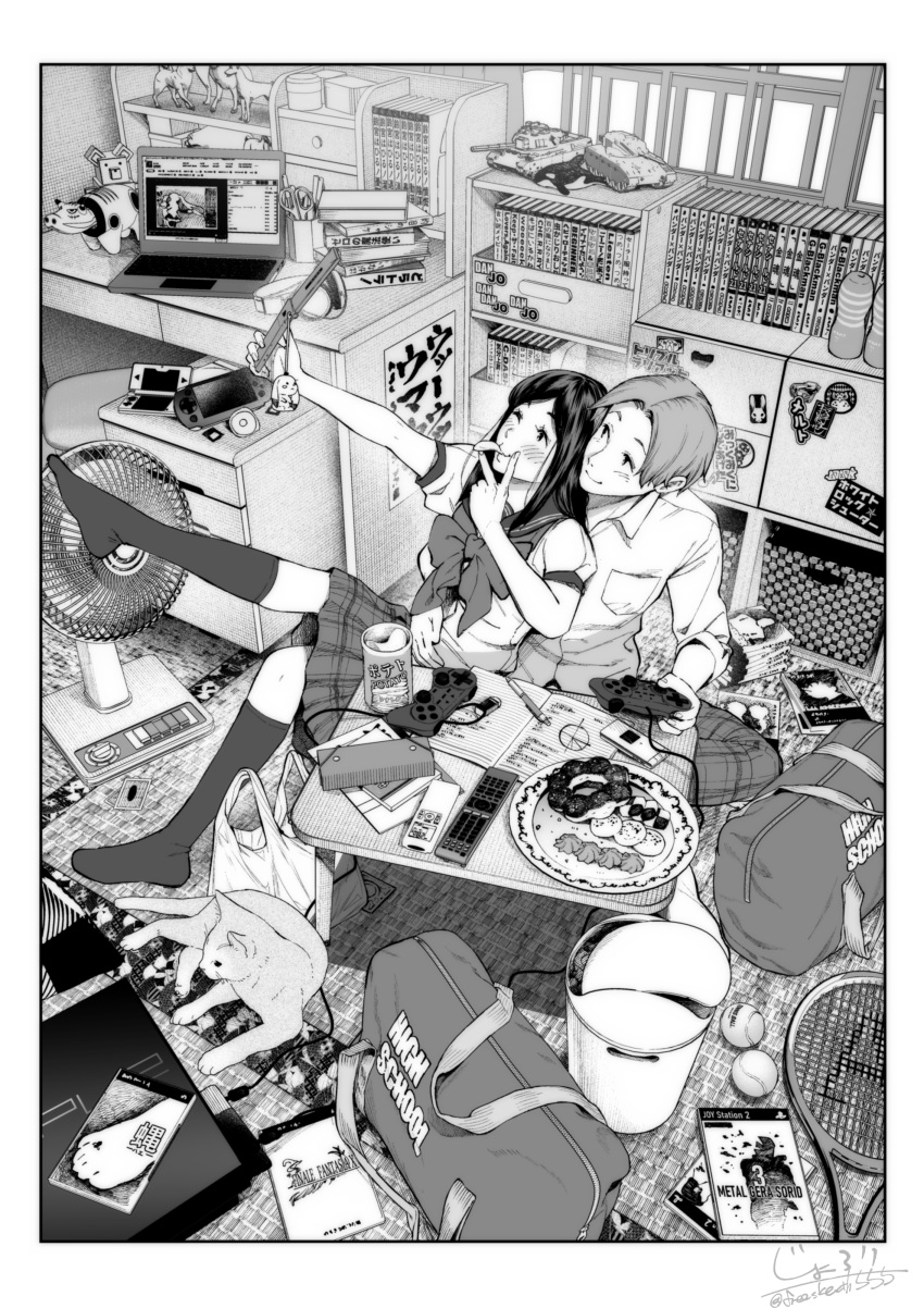 1boy 1girl absurdres animal bag ball bangs blush book bookshelf candy cat cellphone commentary_request computer controller couple desk electric_fan food food_in_mouth game_console game_controller greyscale handheld_game_console highres holding holding_controller holding_game_controller homework jorori laptop looking_at_phone manga_(object) medium_hair monochrome original phone plaid plaid_skirt racket remote_control school_bag school_uniform serafuku shirt short_hair sitting sitting_on_lap sitting_on_person skirt sweets taking_picture tennis_ball tennis_racket thigh-highs toy_tank