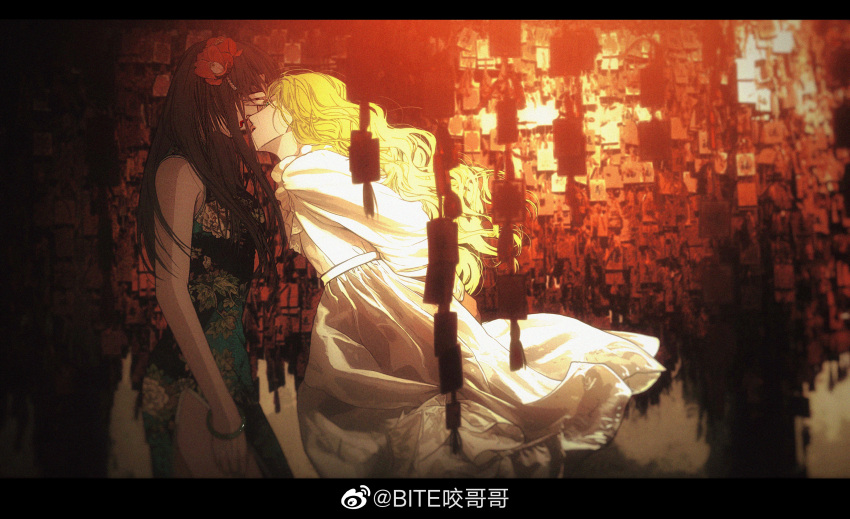 2girls absurdres bite_yaogege black_hair blonde_hair china_dress chinese_clothes couple dress flower hair_flower hair_ornament highres imminent_kiss multiple_girls original peony_(flower) red_flower straight_hair wavy_hair white_dress yuri