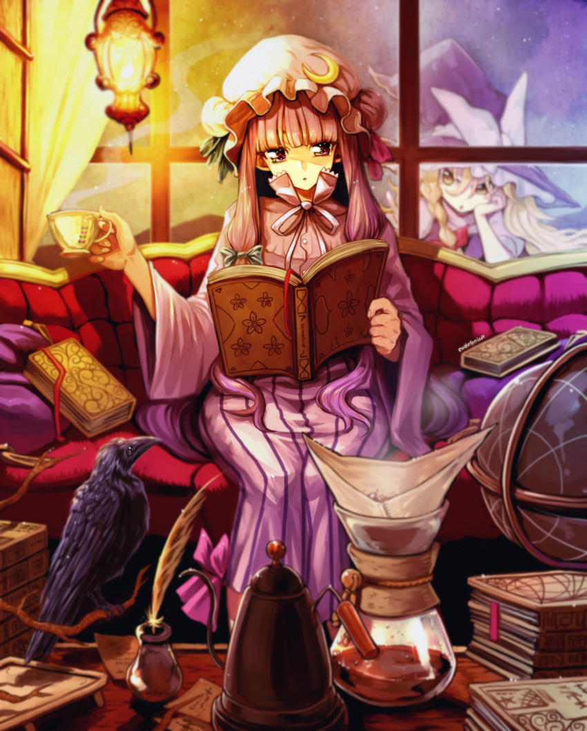 2girls absurdres bat_wings bird blonde_hair blush book bow braid couch crescent crescent_hair_ornament crescent_hat_ornament crescent_pin crow cup dress eudetenis hair_bow hair_ornament hat hat_ornament head_wings highres kirisame_marisa long_hair mob_cap multiple_girls open_mouth patchouli_knowledge purple_hair ribbon single_braid solo_focus striped striped_dress touhou violet_eyes wings witch_hat