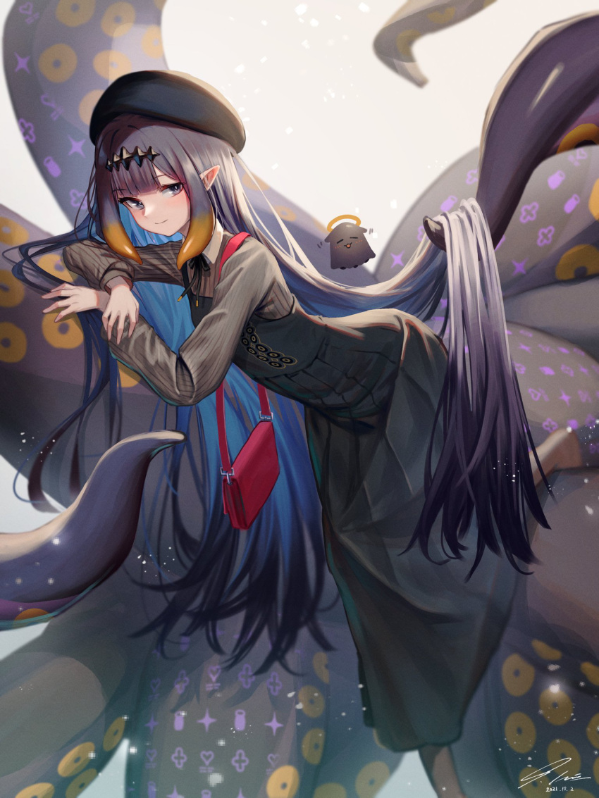 1girl bangs beret black_dress black_headwear black_ribbon blunt_bangs blush breasts dated dress grey_shirt hair_behind_ear hat highres hololive hololive_english ioriwu8 long_hair long_skirt looking_at_viewer multicolored_hair neck_ribbon ninomae_ina'nis official_alternate_costume orange_hair pinafore_dress pink_handbag pinstripe_pattern pinstripe_shirt pleated_dress pointy_ears purple_hair ribbon shirt signature skirt small_breasts smile solo striped striped_shirt tako_(ninomae_ina'nis) tentacle_hair tentacles tiara two-tone_hair very_long_hair virtual_youtuber