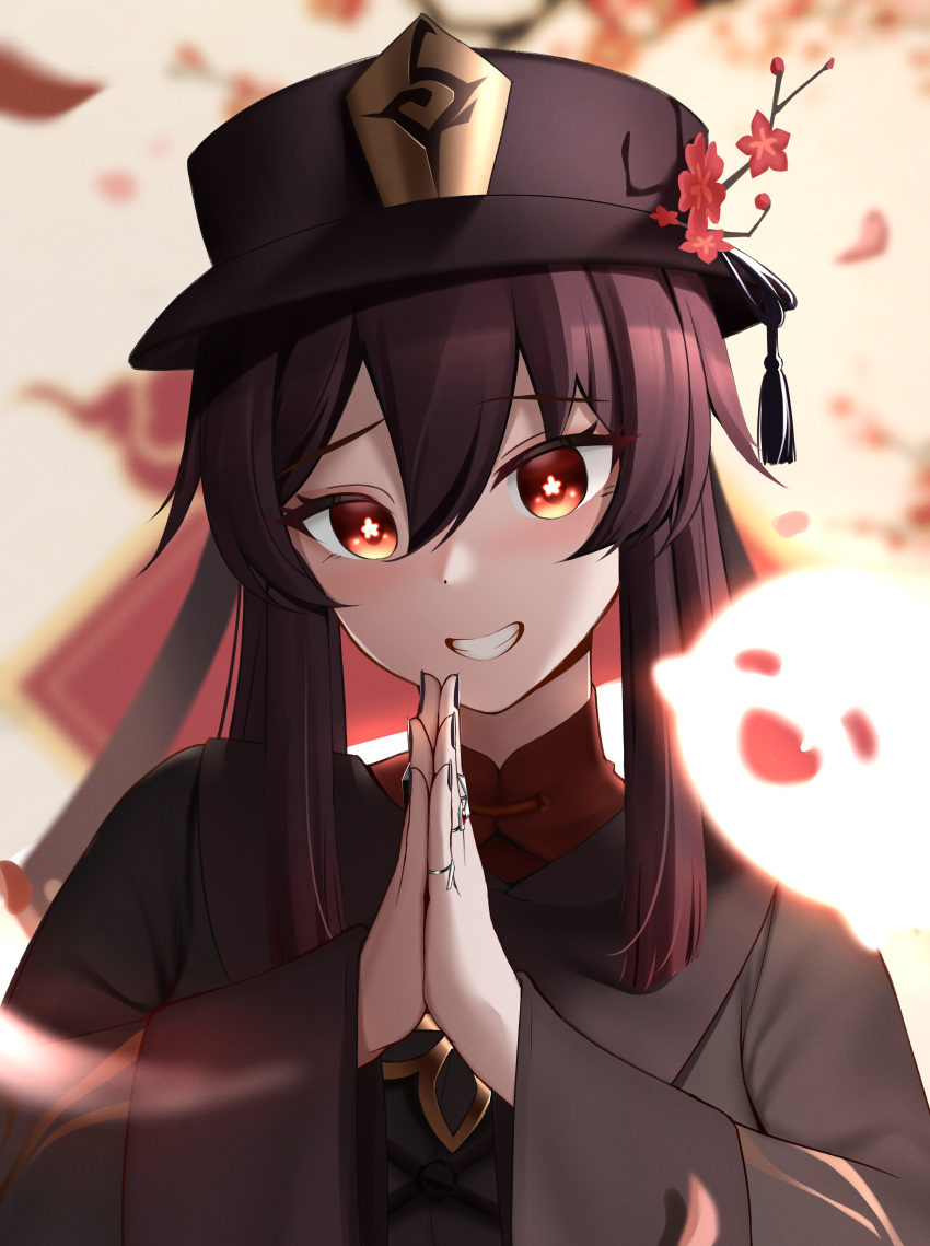 1girl :d absurdres black_headwear black_nails blush brown_hair flower genshin_impact ghost highres hu_tao_(genshin_impact) jewelry long_hair long_sleeves looking_at_viewer nail_polish own_hands_together perfellcsaiko plum_blossoms ring smile solo symbol-shaped_pupils twintails wide_sleeves