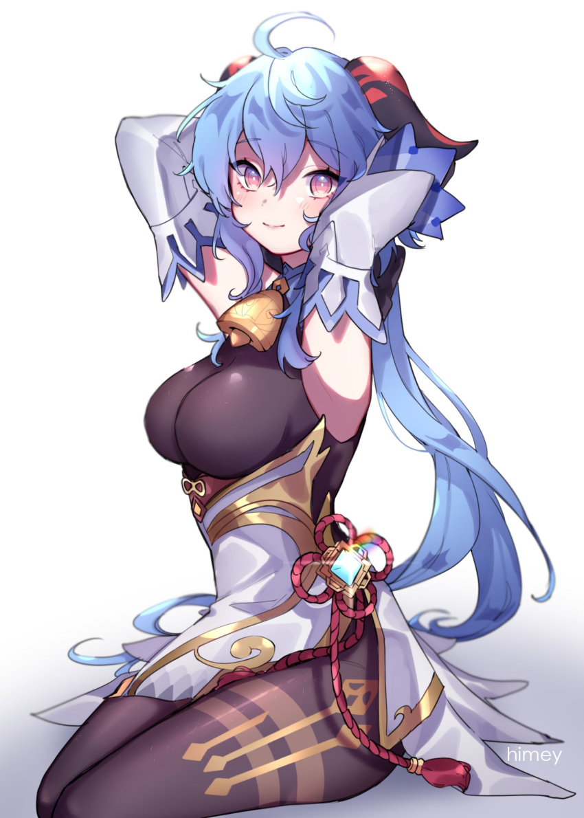 ahoge armpits arms_behind_head arms_up artist_name bangs bell black_legwear blue_hair blush breasts chinese_knot curled_horns detached_sleeves eyebrows_visible_through_hair flower_knot ganyu_(genshin_impact) genshin_impact gold_trim highres himey horns long_hair looking_at_viewer low_ponytail medium_breasts neck_bell sitting smile tassel thighlet violet_eyes vision_(genshin_impact) white_sleeves