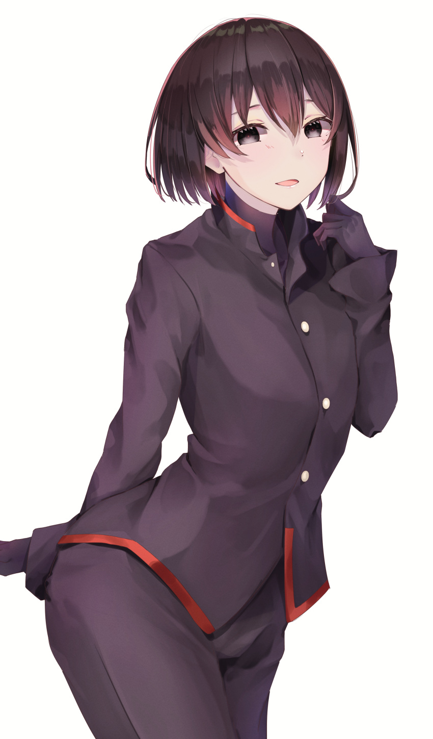 absurdres androgynous bangs black_eyes black_gloves black_hair black_jacket black_pants commentary_request gakuran gloves hair_between_eyes highres jacket long_sleeves looking_at_viewer monogatari_(series) naoetsu_high_school_uniform open_mouth oshino_ougi pale_skin pants school_uniform shirt short_hair simple_background solo white_background yuunamida_uyu