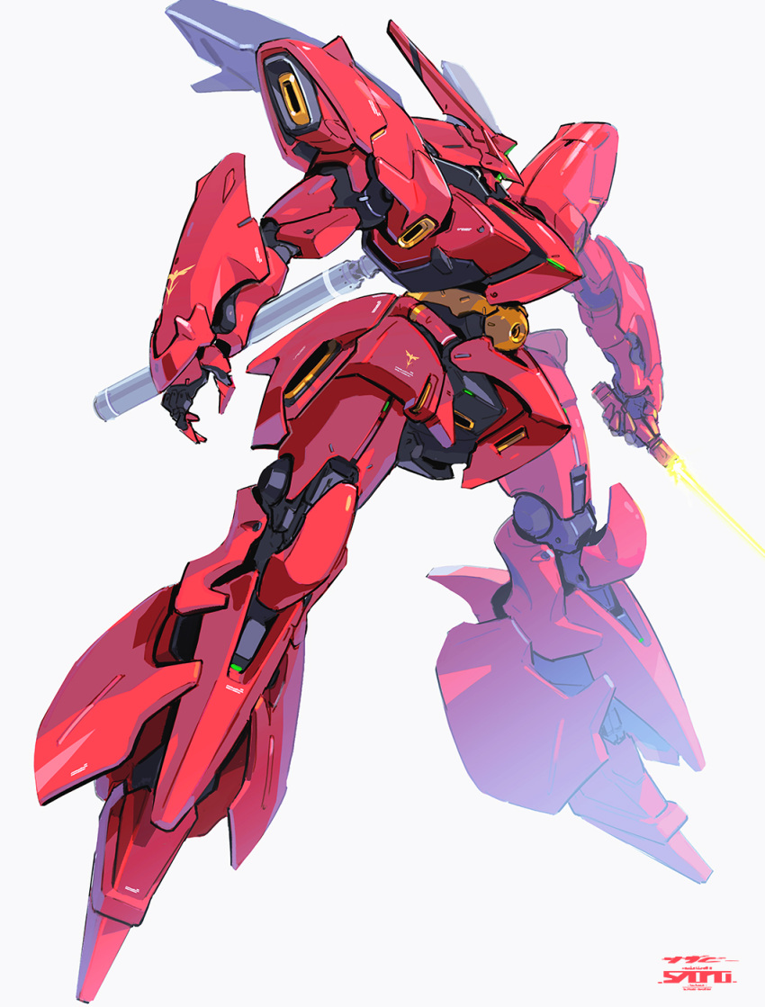 beam_saber char's_counterattack esuthio glowing glowing_eye green_eyes gundam highres holding holding_sword holding_weapon looking_down mecha mobile_suit no_humans one-eyed sazabi science_fiction solo sword weapon