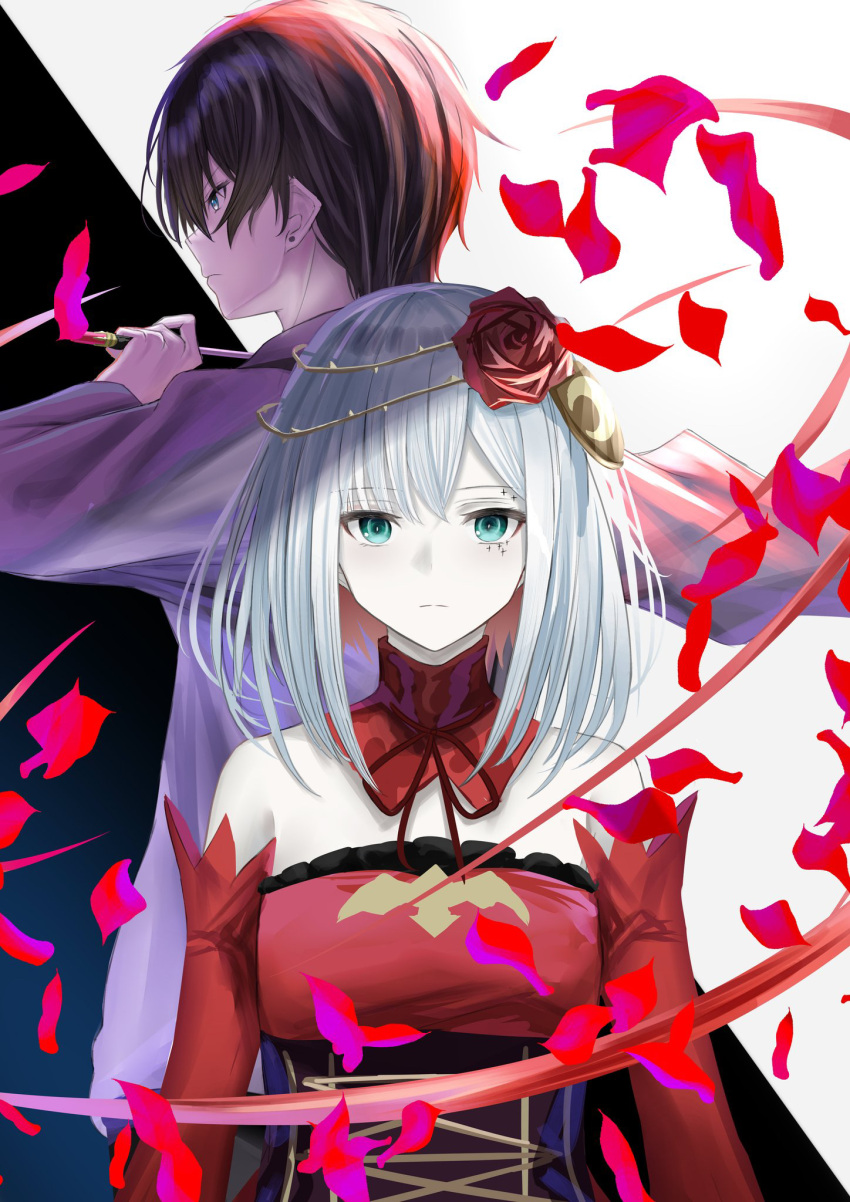 1boy 1girl asahina_takt bangs bare_shoulders black_background blue_background blue_eyes closed_mouth commentary_request destiny_(takt_op.) detached_sleeves dress earrings eyebrows_visible_through_hair flower green_eyes hair_between_eyes hair_flower hair_ornament highres holding jewelry long_sleeves looking_at_viewer natsuki_(natukituki) pale_skin petals profile red_dress red_flower red_rose red_sleeves rose shirt silver_hair strapless strapless_dress stud_earrings takt_op._destiny two-tone_background white_background white_shirt