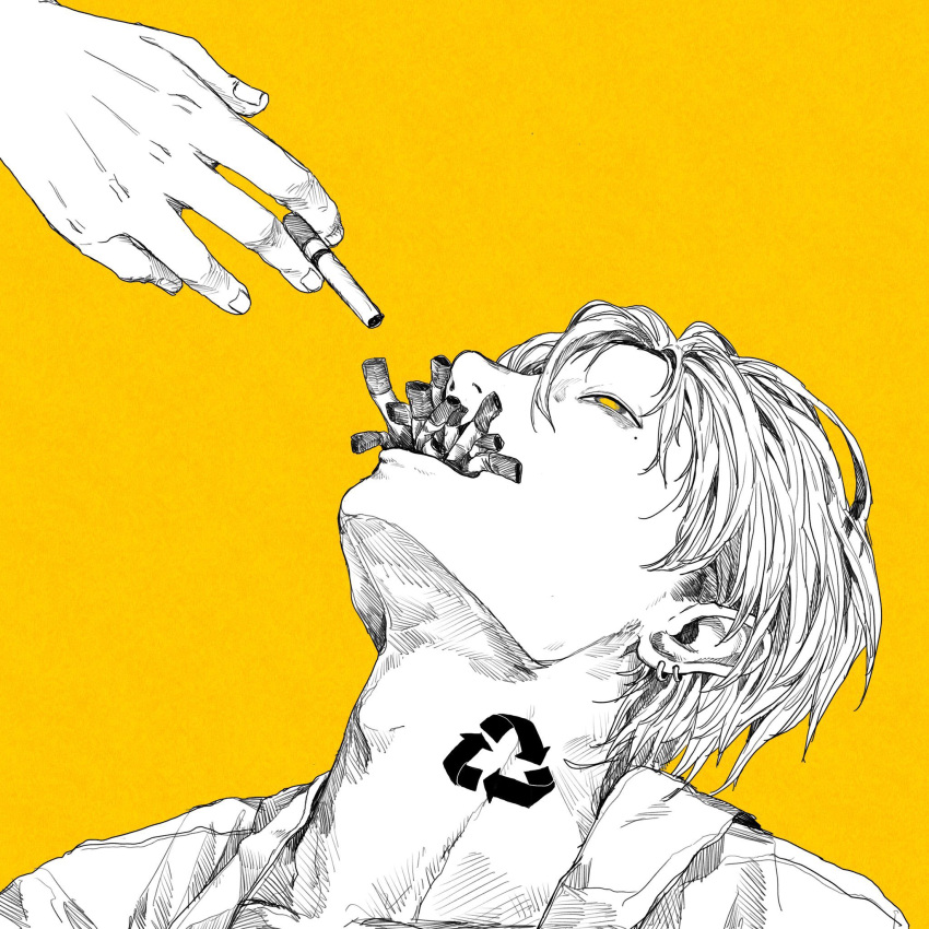 1boy adam's_apple arrow_(symbol) cigarette commentary_request earrings highres jewelry kamomiland limited_palette looking_up male_focus mole mole_under_eye original portrait recycling_symbol short_hair solo_focus spot_color yellow_background yellow_eyes yellow_theme