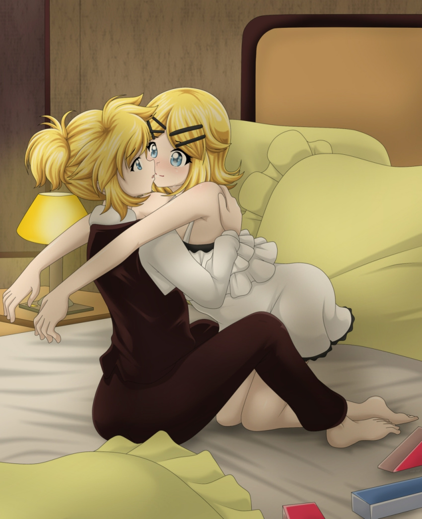 1boy 1girl adolescence_(vocaloid) barefoot bed_sheet blonde_hair blue_hair blush brother_and_sister brown_pants building_block camisole desk_lamp face-to-face frilled_camisole frilled_pillow frills highres incoming_hug incoming_kiss kagamine_len kagamine_rin kneeling lamp leaning_forward leaning_on_person ngt_(wah_ngt) on_bed pants pillow shirt siblings sitting sleeveless_blazer twins vocaloid white_camisole white_shirt