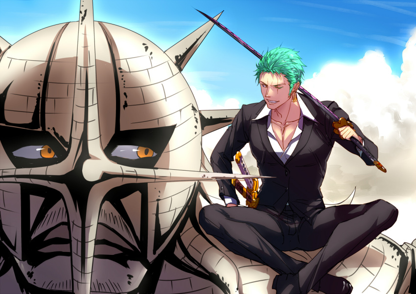 2boys black_pants black_suit crossed_legs eilinna giant giant_male green_hair katana male_focus multiple_boys official_alternate_costume one_piece over_shoulder pants partially_unbuttoned pectoral_cleavage pectorals pica_(one_piece) roronoa_zoro scar scar_across_eye short_hair sideburns smirk sword sword_over_shoulder toned toned_male weapon weapon_over_shoulder