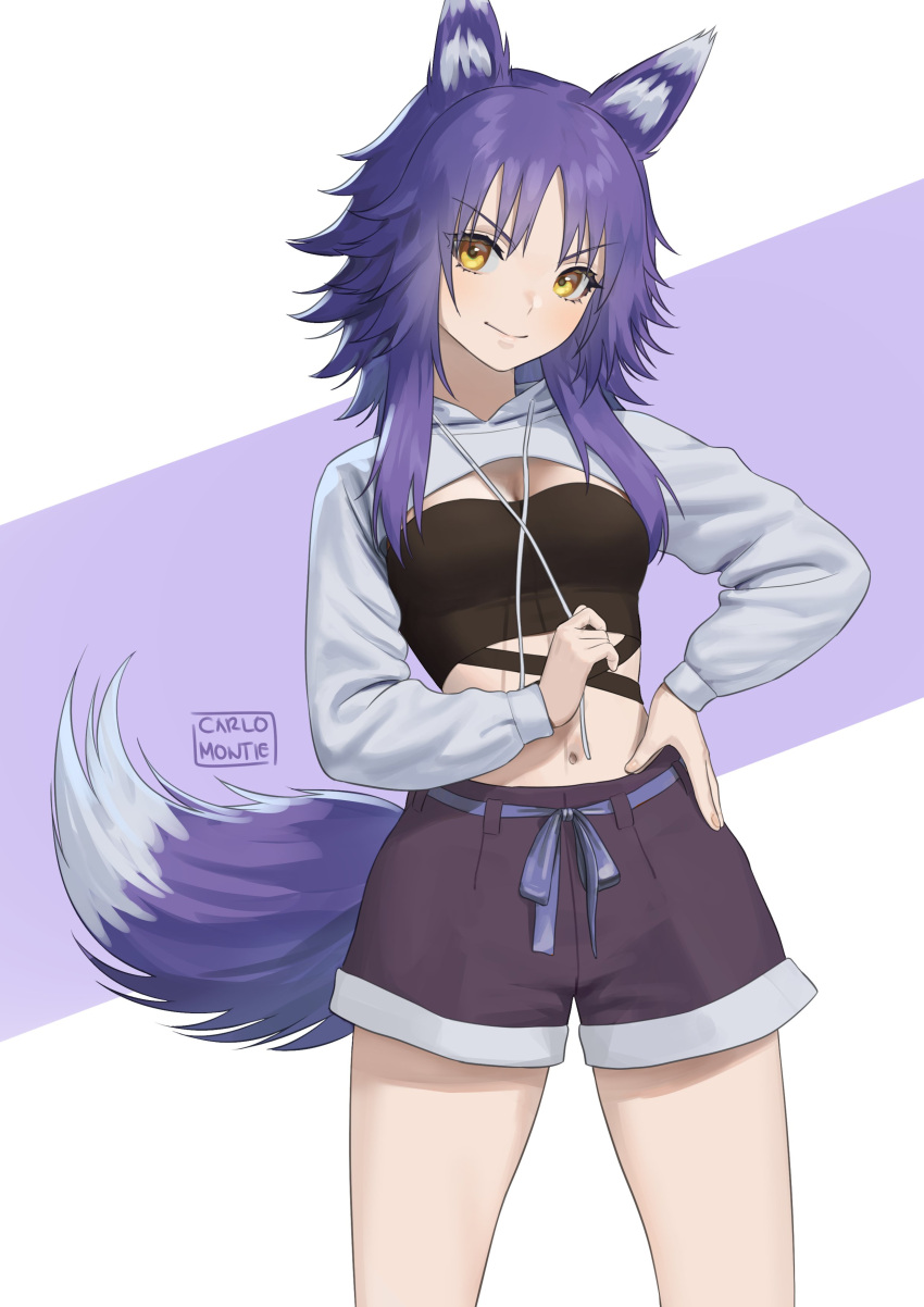 1girl absurdres animal_ears artist_name blush breasts carlo_montie eyebrows_visible_through_hair fingernails highres makoto_(princess_connect!) midriff multicolored_hair navel princess_connect! purple_hair shorts sidelocks simple_background small_breasts smile solo tail white_hair wolf_ears wolf_girl wolf_tail yellow_eyes