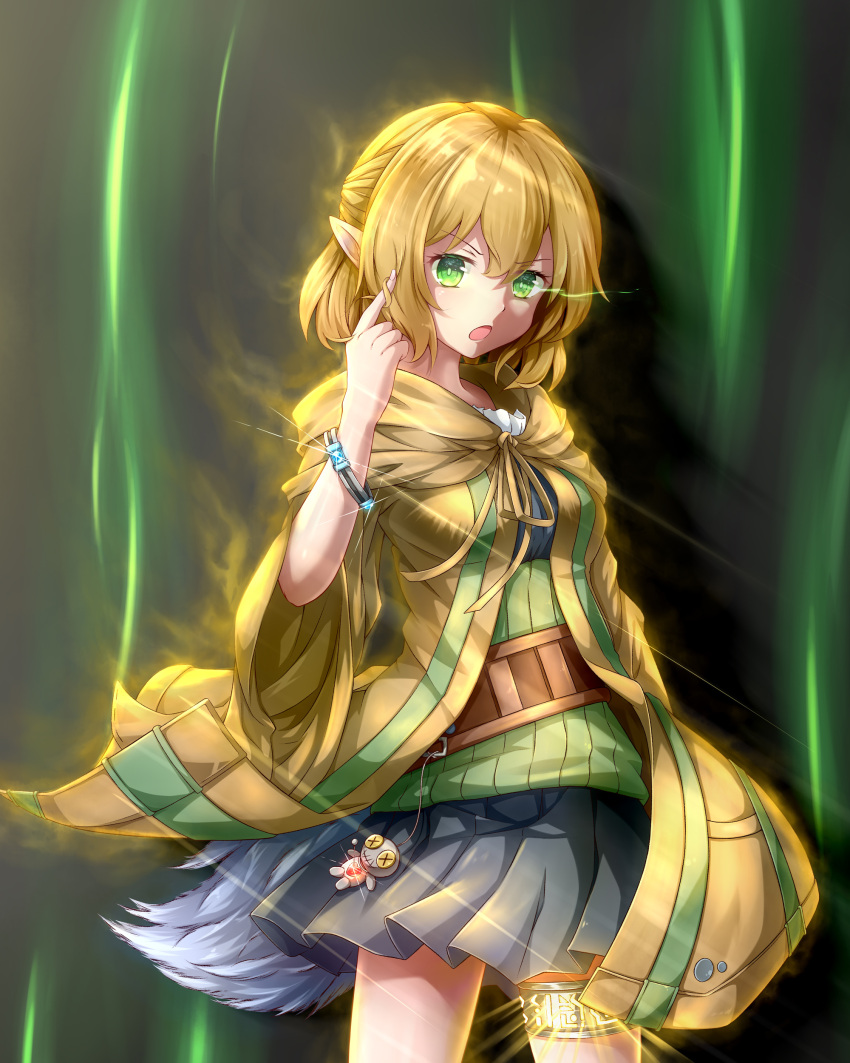 1girl absurdres bangs belt blonde_hair bracelet breasts chinese_commentary commentary_request cosplay cowboy_shot eria eria_(cosplay) eye_trail eyebrows_visible_through_hair feng_ling_(fenglingwulukong) glowing green_eyes hair_between_eyes hand_in_hair hand_up highres hooded_robe jewelry long_sleeves medium_breasts mizuhashi_parsee pointy_ears pom_pom_(clothes) redrawn robe short_hair skirt solo sweater thighlet touhou wide_sleeves wind yu-gi-oh!