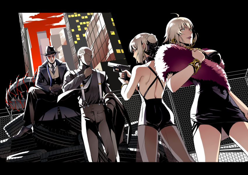 ahoge artoria_pendragon_(alter_swimsuit_rider)_(fate) artoria_pendragon_(fate) bangs black_coat black_dress black_gloves blue_hair bracelet breasts building city coat cu_chulainn_(fate) cu_chulainn_alter_(fate/grand_order) dark-skinned_male dark_skin dress earrings eilinna emiya_alter facial_mark fate/grand_order fate_(series) fence formal fur_scarf gloves gun hair_bun hair_over_shoulder handgun highres holding holding_clothes holding_jacket hoop_earrings interlocked_fingers jacket jeanne_d'arc_(alter)_(fate) jeanne_d'arc_(fate) jewelry long_hair medium_breasts medium_hair necktie open_mouth own_hands_together pantyhose pistol platinum_blonde_hair ponytail red_eyes serious short_dress short_hair sitting skyscraper smile suit suspenders tire very_short_hair vest weapon white_hair yellow_eyes