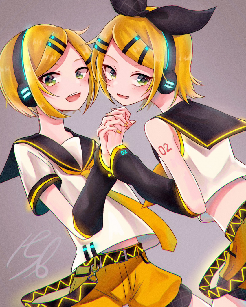 156_hitogoro 1boy 1girl androgynous arm_tattoo bangs bare_shoulders blonde_hair bow brother_and_sister detached_sleeves green_eyes hair_bow hair_ornament hairclip headphones headset highres holding_hands interlocked_fingers kagamine_len kagamine_len_(if) kagamine_rin kagamine_rin_(if) leg_warmers looking_at_viewer midriff midriff_peek necktie neon_trim sailor_collar shirt short_sleeves shorts siblings sleeveless sleeveless_shirt swept_bangs tattoo twins vocaloid yellow_shorts