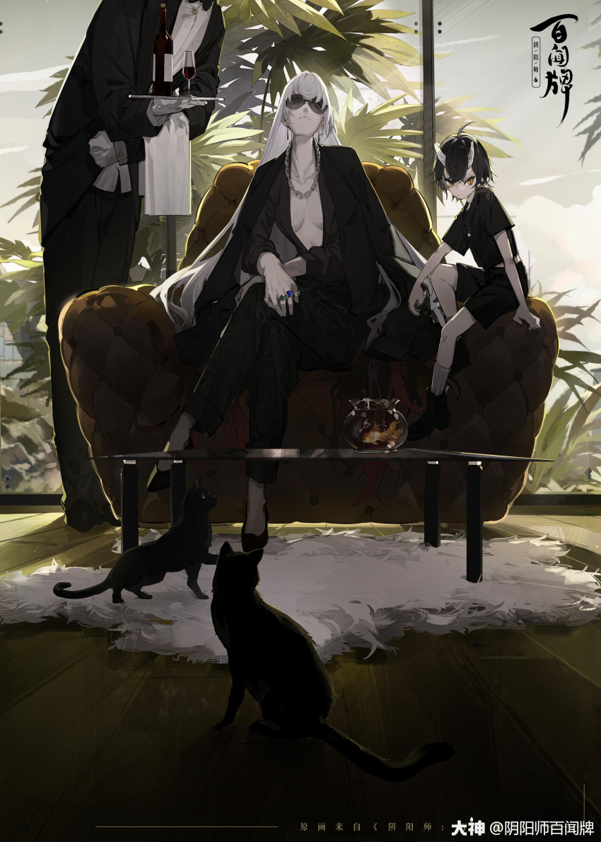 1girl 2boys absurdres ahoge alcohol animal arm_on_knee arm_support armchair bangs black_bow black_cat black_footwear black_hair black_jacket black_neckwear black_pants black_shirt black_shorts black_suit boots bottle bow bowtie breasts breasts_apart butler cat chain_necklace chair chinese_commentary chinese_text clenched_hand closed_mouth coffee_table collarbone commentary_request copyright_name crossed_bangs crossed_legs cup day drinking_glass drop_earrings earrings fish fishbowl flats formal fur_rug gem gloves gradient_hair hand_on_own_knee head_out_of_frame highres holding holding_tray horns indoors jacket jacket_on_shoulders jewelry knee_up leaning_forward long_hair long_sleeves looking_at_viewer looking_down medium_breasts multicolored_hair multiple_boys multiple_sources nine_(liuyuhao1992) official_art oni_horns onmyoji pale_skin pants plunging_neckline puffy_long_sleeves puffy_sleeves redhead ribbed_legwear ring round_eyewear second-party_source shirt short_hair short_sleeves shorts simplified_chinese_text sitting slit_pupils socks split_mouth standing suit sunglasses suzuka_gozen_(onmyoji) table towel towel_on_arm translation_request tray tree tsurime v-shaped_eyes very_long_hair watermark white_gloves white_hair white_legwear white_shirt window wine wine_bottle wine_glass wooden_floor yellow_eyes