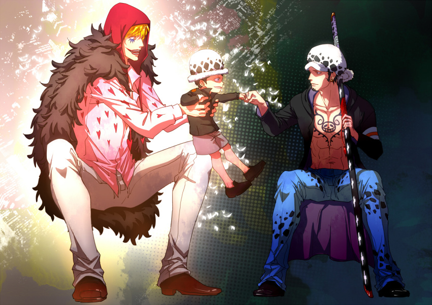 3boys black_hair blonde_hair chest_tattoo child coat collared_shirt commentary_request denim donquixote_rocinante eilinna eye_contact facial_hair fist_bump full_body goatee heart heart_print hood jaguar_print jeans long_sideburns looking_at_another makeup male_focus multiple_boys one_piece open_clothes open_coat over_shoulder pants pectoral_cleavage pectorals pink_shirt shirt short_hair sideburns sitting smile sword sword_over_shoulder tattoo toned toned_male trafalgar_law weapon weapon_over_shoulder younger