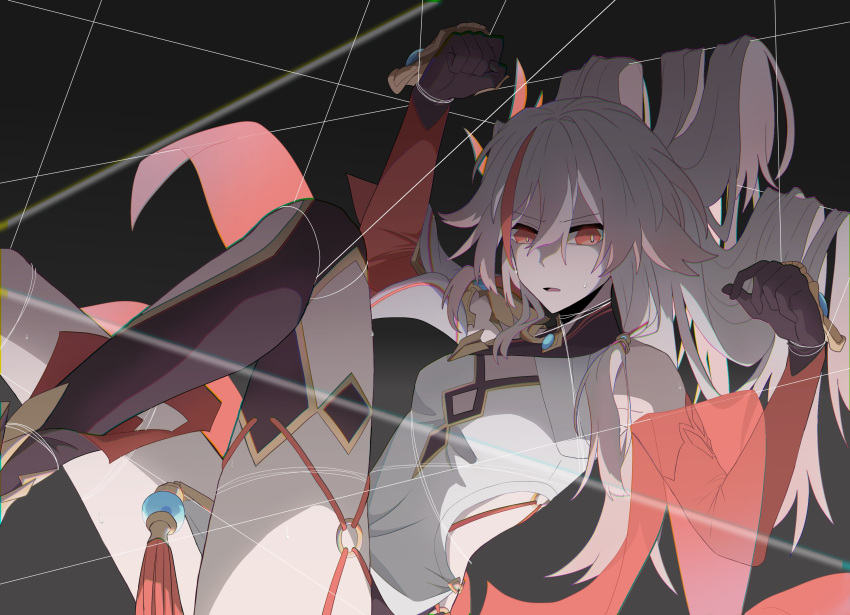 1girl :o bangs bare_shoulders breasts brown_footwear china_dress chinese_clothes dress elbow_gloves flat_chest fu_hua fu_hua_(phoenix) gloves hair_between_eyes hair_ornament highres honkai_(series) honkai_impact_3rd long_hair multicolored_hair open_mouth red_eyes red_gloves single_thighhigh sleeveless sleeveless_dress small_breasts solo streaked_hair thigh-highs vanyayoe3 white_dress white_hair wire