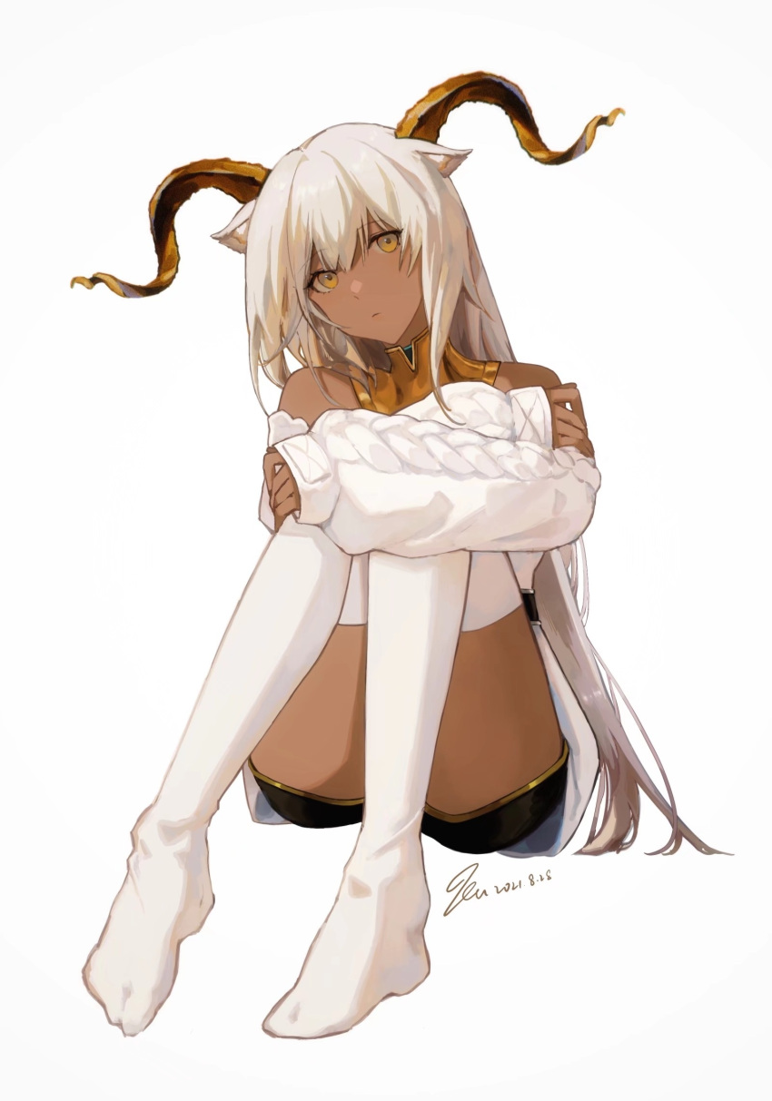 16400526 1girl animal_ears arknights beeswax_(arknights) beeswax_(weisser_sand)_(arknights) black_shorts cardigan closed_mouth commentary crossed_arms curled_horns dark-skinned_female dark_skin dated expressionless eyebrows_visible_through_hair full_body goat_ears goat_girl goat_horns hair_between_eyes head_tilt highres horns long_hair looking_at_viewer off_shoulder official_alternate_costume short_shorts shorts signature silver_hair simple_background sitting solo symbol-only_commentary thigh-highs thighs white_background white_cardigan white_legwear yellow_eyes