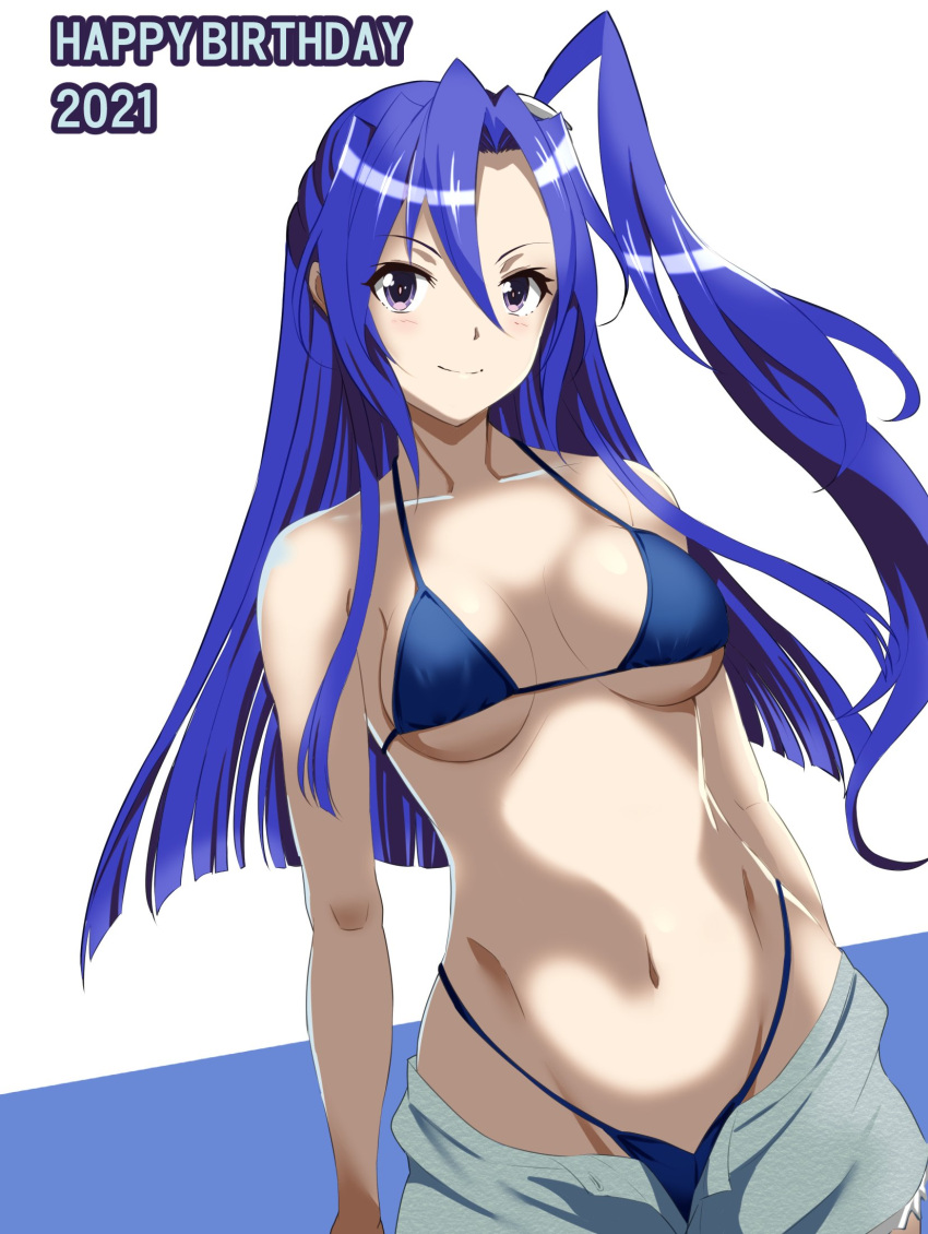 1girl bikini blue_background blue_bikini blue_eyes blue_hair blue_shorts blush breasts closed_mouth collarbone happy_birthday highres kazanari_tsubasa koyasu_kazu long_hair looking_at_viewer medium_breasts navel ponytail senki_zesshou_symphogear shiny shiny_hair shorts side_ponytail simple_background smile solo standing swimsuit thong_bikini two-tone_background white_background