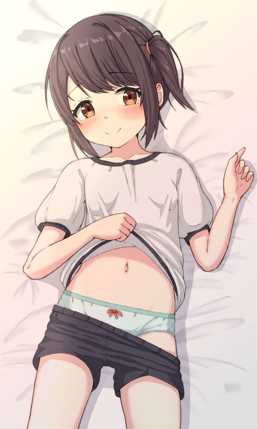 1girl absurdres bed_sheet black_shorts blush bow bow_panties brown_eyes brown_hair closed_mouth clothes_lift clothes_pull collarbone commentary_request green_panties groin gym_shirt gym_shorts gym_uniform hands_up highres hippo_(hirople) lifted_by_self lying navel on_back original panties puffy_short_sleeves puffy_sleeves shirt shirt_lift short_shorts short_sleeves shorts shorts_pull side_ponytail smile solo underwear white_shirt