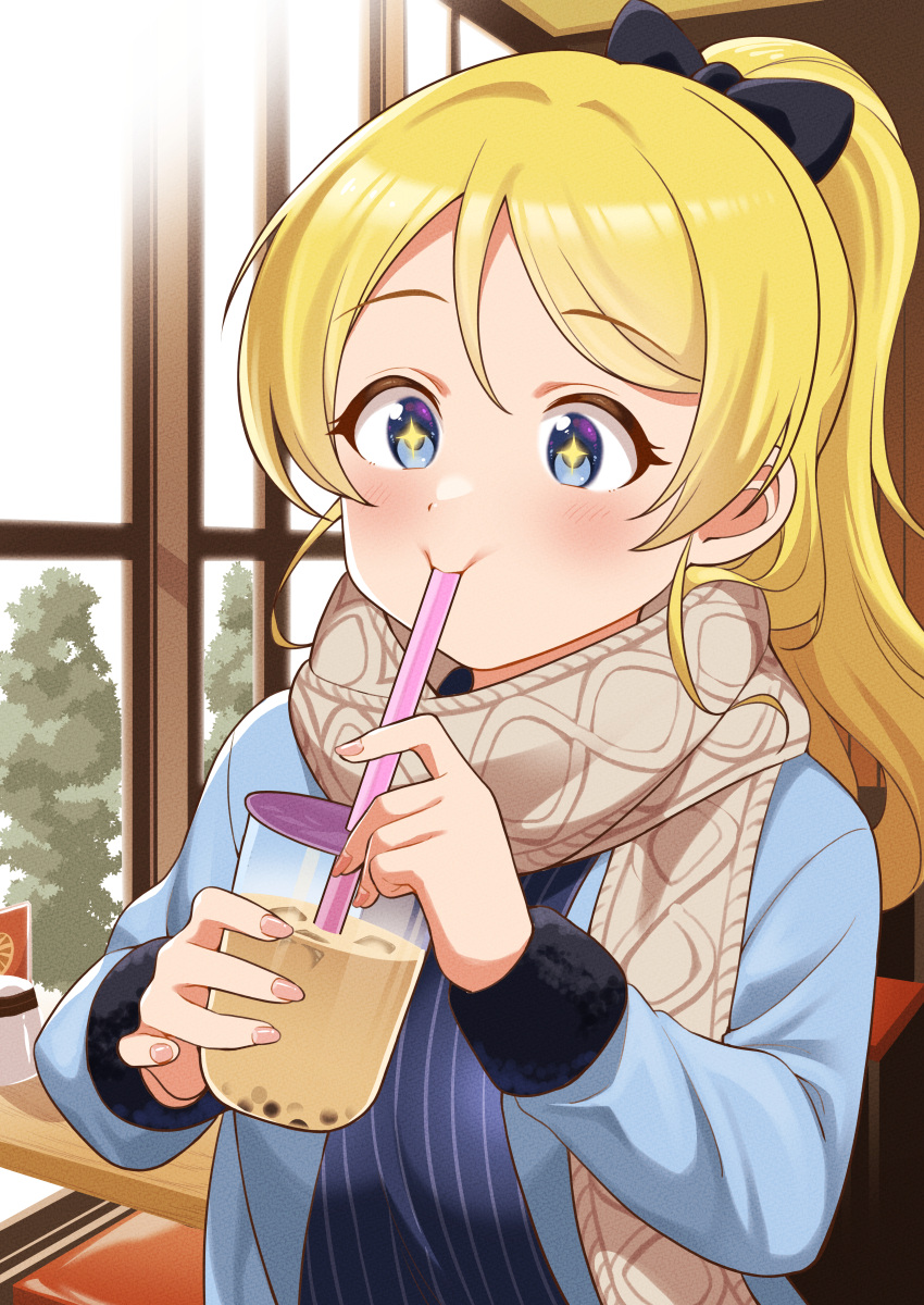 +_+ 1girl absurdres ayase_eli black_ribbon blonde_hair blue_eyes blue_jacket blush bubble_tea cup disposable_cup drinking_straw eyebrows_visible_through_hair fingernails hair_ribbon highres jacket koaraya long_hair long_sleeves love_live! love_live!_school_idol_project ponytail ribbon scarf smile solo