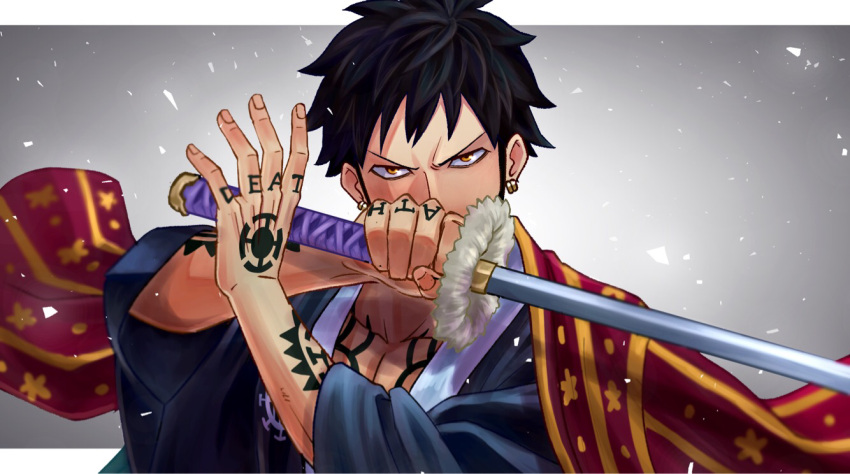1boy alternate_costume black_hair black_kimono chest_tattoo commentary_request facial_hair frown goatee hand_tattoo haori holding holding_sword holding_weapon jaguar_print japanese_clothes kimono long_sideburns looking_at_viewer male_focus one_piece pectoral_cleavage pectorals short_hair sideburns solo sword tattoo toned toned_male toyoura_(23066494) trafalgar_law upper_body weapon