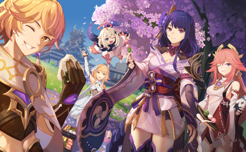 1boy 4girls aether_(genshin_impact) blonde_hair detached_sleeves food genshin_impact highres japanese_clothes kimono looking_at_viewer lumine_(genshin_impact) multiple_girls niac one_eye_closed onigiri paimon_(genshin_impact) pink_hair purple_hair raiden_shogun smile thighs violet_eyes waving yae_miko