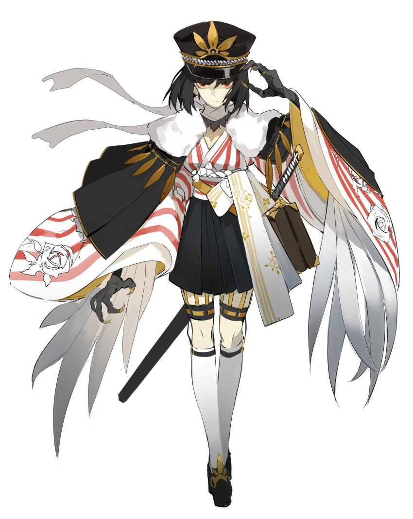 1girl absurdres animal_hands arm_up bird_wings black_cape black_footwear black_hair black_hakama black_headwear black_skirt bob_cut breasts briefcase cape character_request check_character check_copyright chinese_commentary claws closed_mouth commentary_request copyright_request eyebrows_behind_hair feathered_wings floral_print fur-trimmed_cape fur_trim garters hakama hakama_skirt hat highres itsumade_(onmyoji) japanese_clothes jpeg_artifacts katana kneehighs long_sleeves medium_breasts nine_(liuyuhao1992) onmyoji orange_eyes peaked_cap rose_print sanpaku scarf sheath sheathed simple_background sketch skirt solo standing straight-on striped sword tachi-e v-shaped_eyebrows v-shaped_eyes weapon white_background white_legwear white_scarf white_wings wide_sleeves winged_arms wings