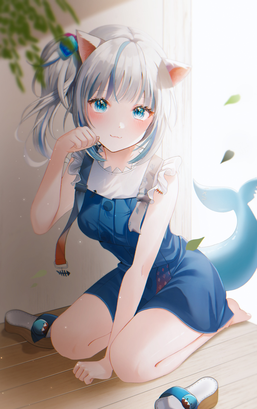 1girl :3 absurdres animal_ears arm_between_legs arm_support bangs barefoot blue_eyes blue_hair blue_skirt blunt_bangs blush buttons cat_ears closed_mouth fish_tail frilled_sleeves frills full_body gawr_gura hair_cubes hair_ornament highres hololive hololive_english langmal looking_at_viewer medium_hair miniskirt multicolored_hair paw_pose sandals sandals_removed seiza shark_girl shark_tail shirt short_sleeves side_ponytail sidelocks silver_hair sitting skirt skirt_set smile solo streaked_hair suspenders tail virtual_youtuber white_shirt