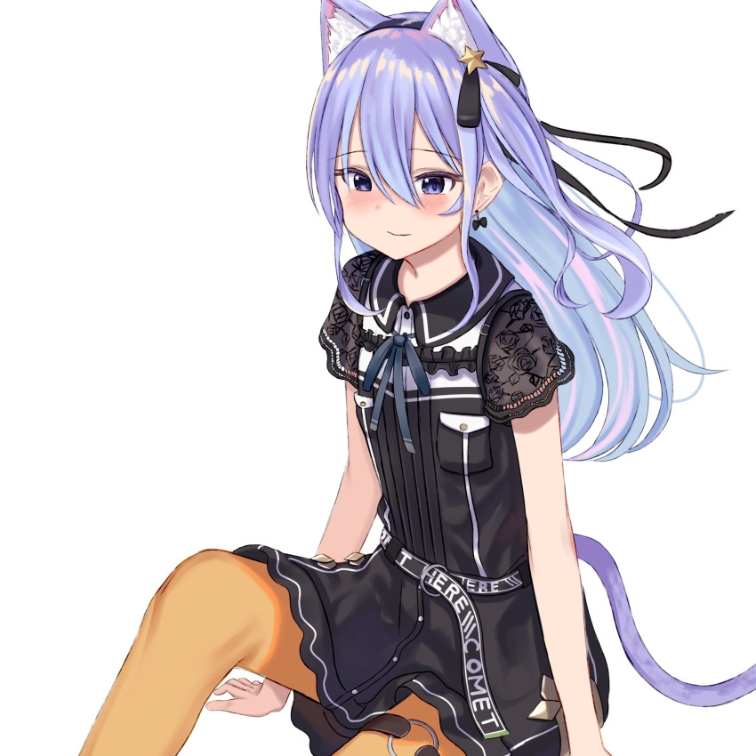 1girl animal_ears bangs black_bow black_dress blue_hair blush bow cat_ears cat_girl cat_tail closed_mouth collared_shirt dress dress_shirt eyebrows_visible_through_hair feet_out_of_frame frilled_dress frills hair_between_eyes hair_bow hair_ornament highres hololive hoshimachi_suisei kemonomimi_mode long_hair natsuki_(natukituki) one_side_up orange_legwear pantyhose shirt short_sleeves simple_background sitting smile solo star_(symbol) star_hair_ornament tail very_long_hair violet_eyes virtual_youtuber white_background white_shirt