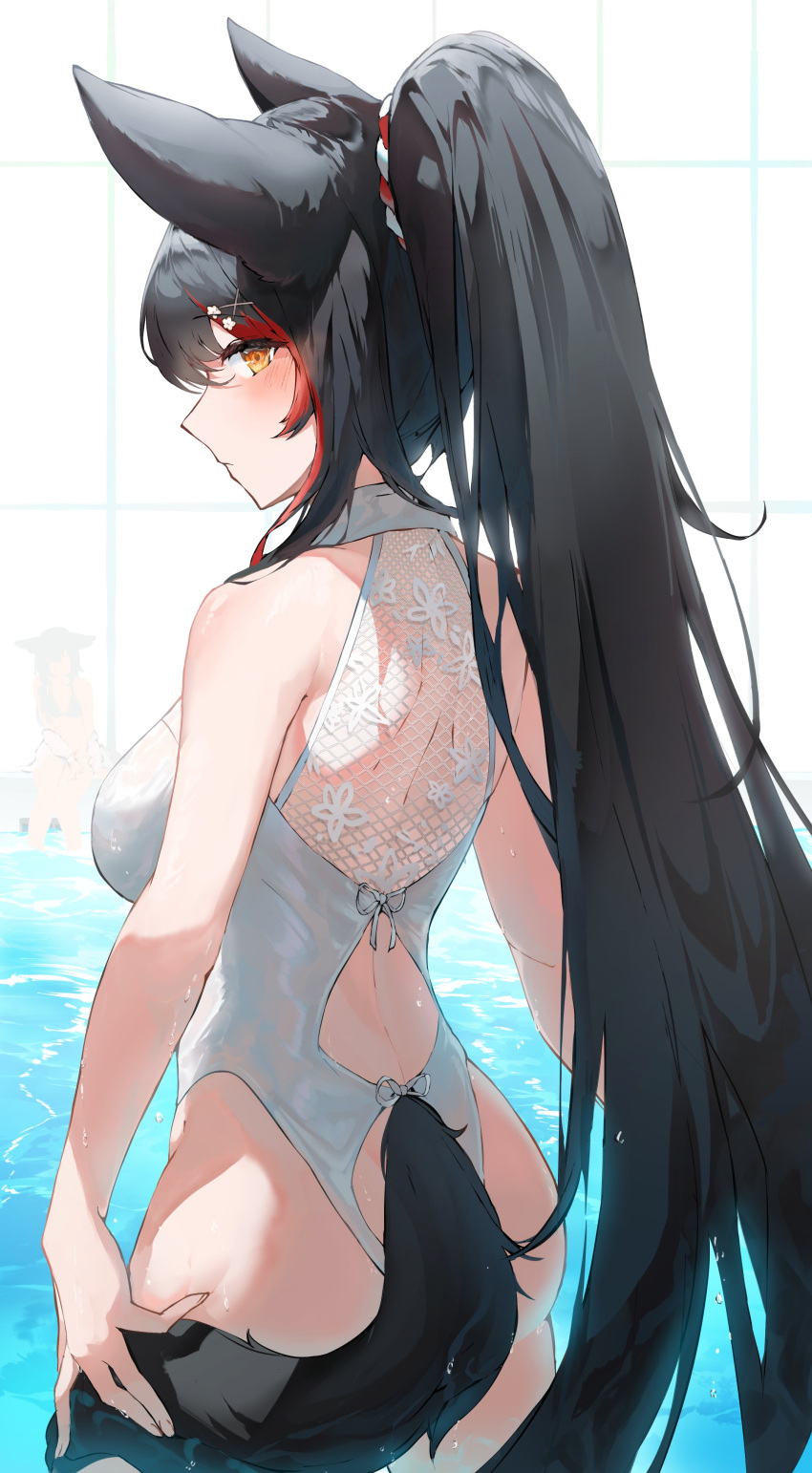 1girl absurdres animal_ears bangs bare_arms black_hair blush breasts commentary_request eyebrows_visible_through_hair hair_between_eyes highres holding_tail hololive kabedoru leotard long_hair looking_at_viewer looking_back medium_breasts multicolored_hair ocean ookami_mio ponytail redhead sidelocks solo streaked_hair tail very_long_hair virtual_youtuber white_leotard wolf_ears wolf_girl wolf_tail yellow_eyes