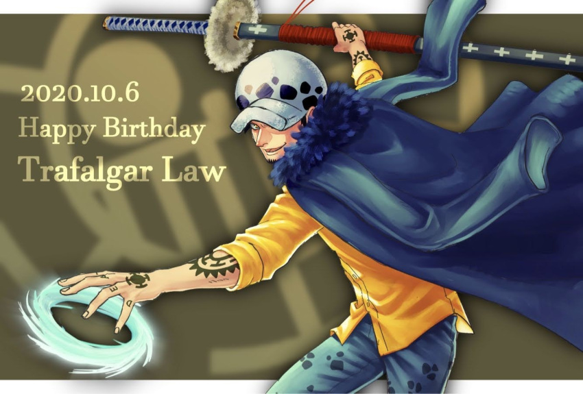 1boy black_hair coat coat_on_shoulders commentary_request denim english_text facial_hair goatee happy_birthday holding holding_sword holding_weapon jaguar_print jeans long_sideburns male_focus one_piece pants sheath shirt short_hair sideburns sleeves_rolled_up smirk solo sword toyoura_(23066494) trafalgar_law weapon yellow_shirt