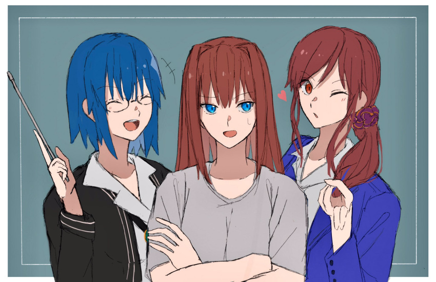 3girls aozaki_aoko bangs black_jacket blue_eyes blue_hair blue_jacket blush brown_eyes brown_hair ciel_(tsukihime) closed_eyes collarbone collared_shirt commentary_request crossed_arms eyebrows_visible_through_hair hair_between_eyes hair_intakes hair_ornament hair_scrunchie heart highres holding holding_pointer jacket long_hair long_sleeves looking_at_another looking_at_viewer multiple_girls noel_(tsukihime) one_eye_closed open_clothes open_jacket open_mouth parted_lips pikaremon pointer ponytail scrunchie shirt short_hair short_sleeves side_ponytail sidelocks smile sweatdrop t-shirt teacher teeth tongue trait_connection tsukihime tsukihime_(remake) upper_body upper_teeth very_long_hair white_shirt