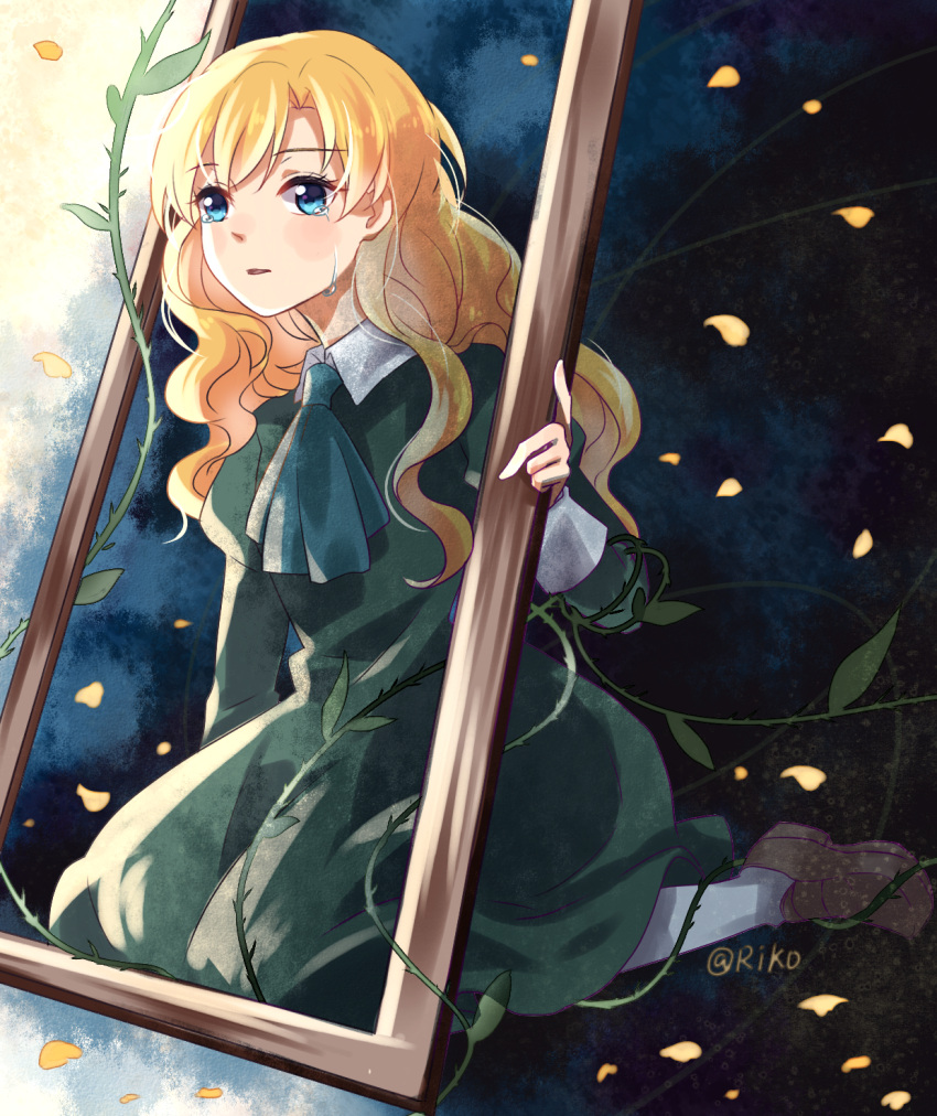 1girl artist_request ascot blonde_hair blue_eyes blue_neckwear brown_footwear collared_dress crying crying_with_eyes_open dress eyebrows_visible_through_hair green_dress highres ib juliet_sleeves long_dress long_hair long_sleeves mary_(ib) open_mouth petals puffy_sleeves tears wavy_hair white_legwear