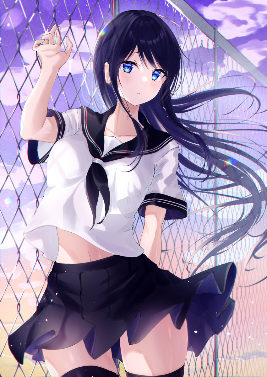 1girl :o arm_up blue_eyes blush chromatic_aberration clothes_lift clouds cloudy_sky cowboy_shot eyebrows_visible_through_hair eyes_visible_through_hair foot_out_of_frame head_tilt highres looking_at_viewer meen_(ouaughikepdvrsf) original school_uniform skirt sky solo standing thigh-highs upper_body wind wire zettai_ryouiki