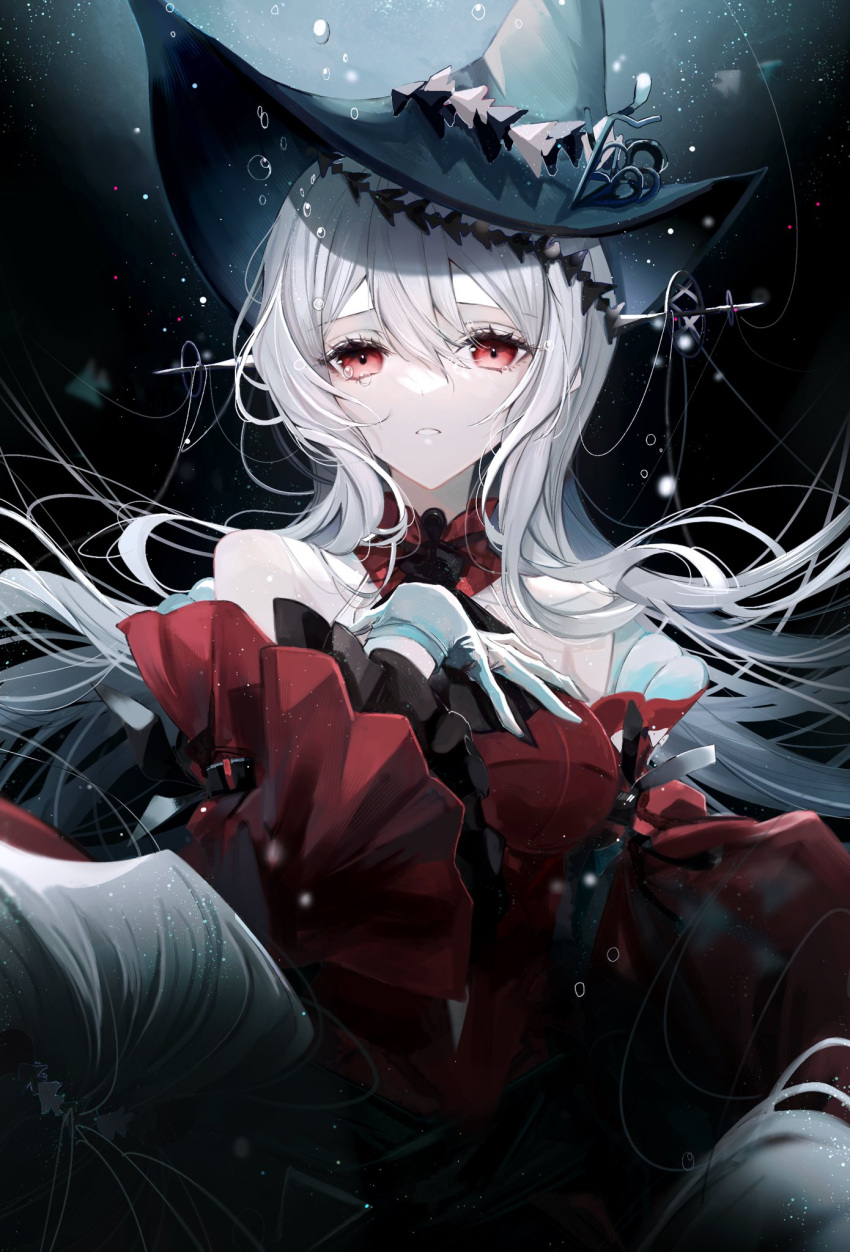 1girl abstract_background aqua_gloves aqua_headwear arknights ascot bare_shoulders black_neckwear breasts collar commentary_request detached_collar dress gloves haku_ayako hand_on_own_chest hat highres long_hair long_sleeves looking_at_viewer medium_breasts official_alternate_costume parted_lips red_collar red_dress red_eyes revis_baskerville silver_hair skadi_(arknights) skadi_the_corrupting_heart_(arknights) solo upper_body