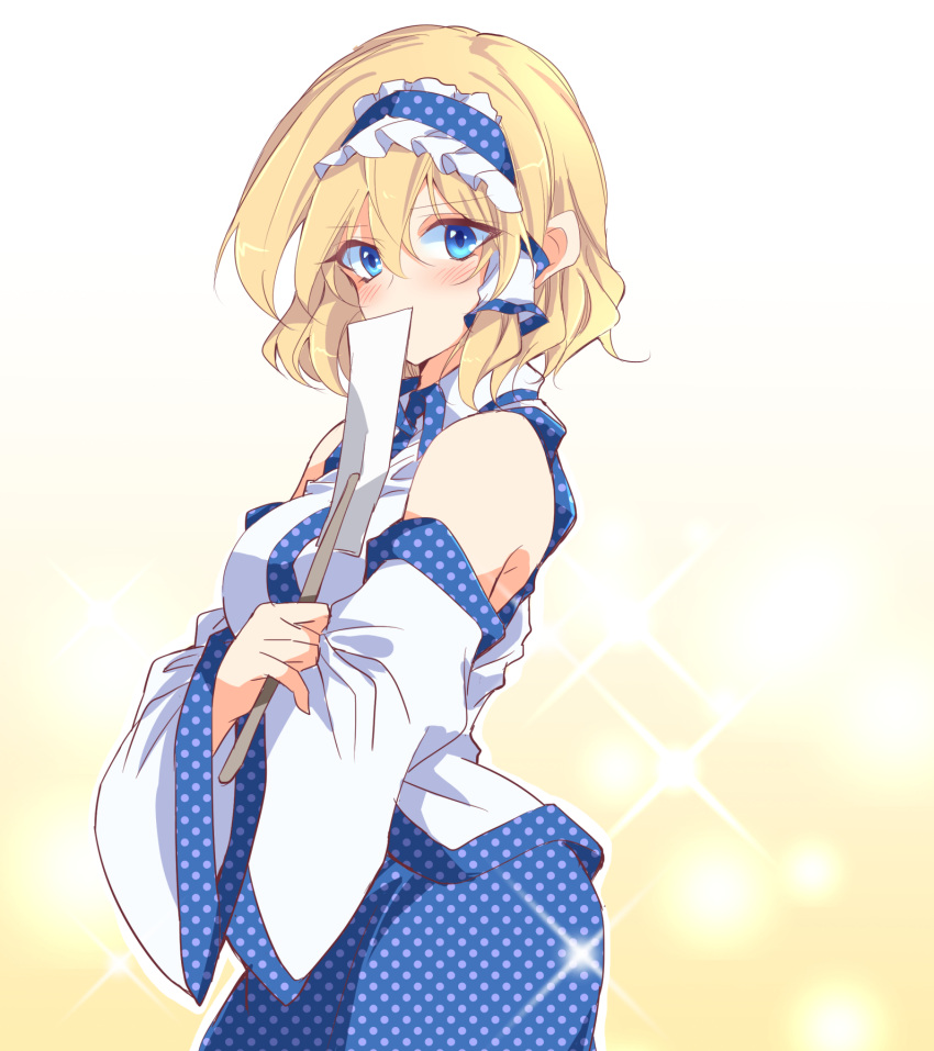 1girl alice_margatroid alternate_costume bangs bare_shoulders blonde_hair blue_eyes blue_hairband blue_skirt blush breasts commentary_request cosplay covering_mouth detached_sleeves eyebrows_visible_through_hair frilled_hairband frills gohei hair_between_eyes hair_tubes hairband highres ichimura_kanata kochiya_sanae kochiya_sanae_(cosplay) lolita_hairband long_sleeves looking_at_viewer medium_breasts nontraditional_miko sidelocks simple_background skirt solo sparkle standing touhou upper_body wide_sleeves wing_collar yellow_background