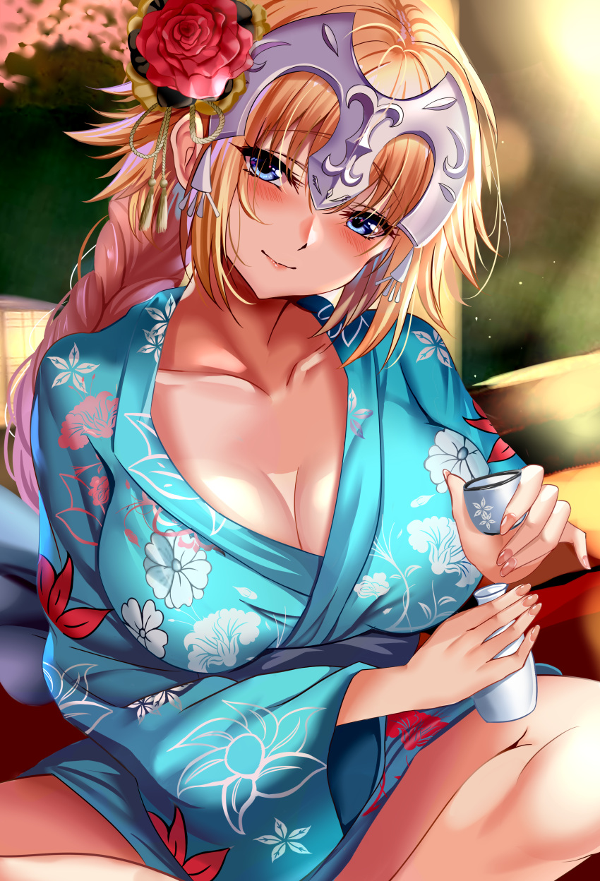 1girl absurdres alternate_costume blonde_hair blue_eyes blue_kimono bottle braid breasts choko_(cup) cup fate/grand_order fate_(series) floral_print flower hair_flower hair_ornament headpiece highres holding holding_bottle holding_cup japanese_clothes jeanne_d'arc_(fate) jeanne_d'arc_(fate/apocrypha) kimono kuro_(tbm9187) large_breasts long_braid long_hair print_kimono red_flower single_braid sitting solo tokkuri very_long_hair