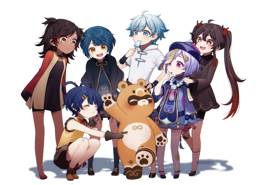 2boys 4girls ^_^ blue_eyes blue_hair brown_hair child chinese_clothes chongyun_(genshin_impact) closed_eyes closed_mouth coin_hair_ornament dark-skinned_female dark_skin dress eyebrows_visible_through_hair flower flower-shaped_pupils food full_body genshin_impact gloves guoba_(genshin_impact) hair_rings hat highres hu_tao_(genshin_impact) ice_cream koohiirin long_hair long_sleeves looking_at_another multiple_boys multiple_girls ofuda open_mouth panda plum_blossoms purple_hair purple_headwear qing_guanmao qiqi_(genshin_impact) red_eyes red_panda shoes short_hair short_shorts shorts simple_background smile squatting symbol-shaped_pupils talisman thigh-highs twintails violet_eyes vision_(genshin_impact) white_background xiangling_(genshin_impact) xingqiu_(genshin_impact) xinyan_(genshin_impact) yellow_eyes