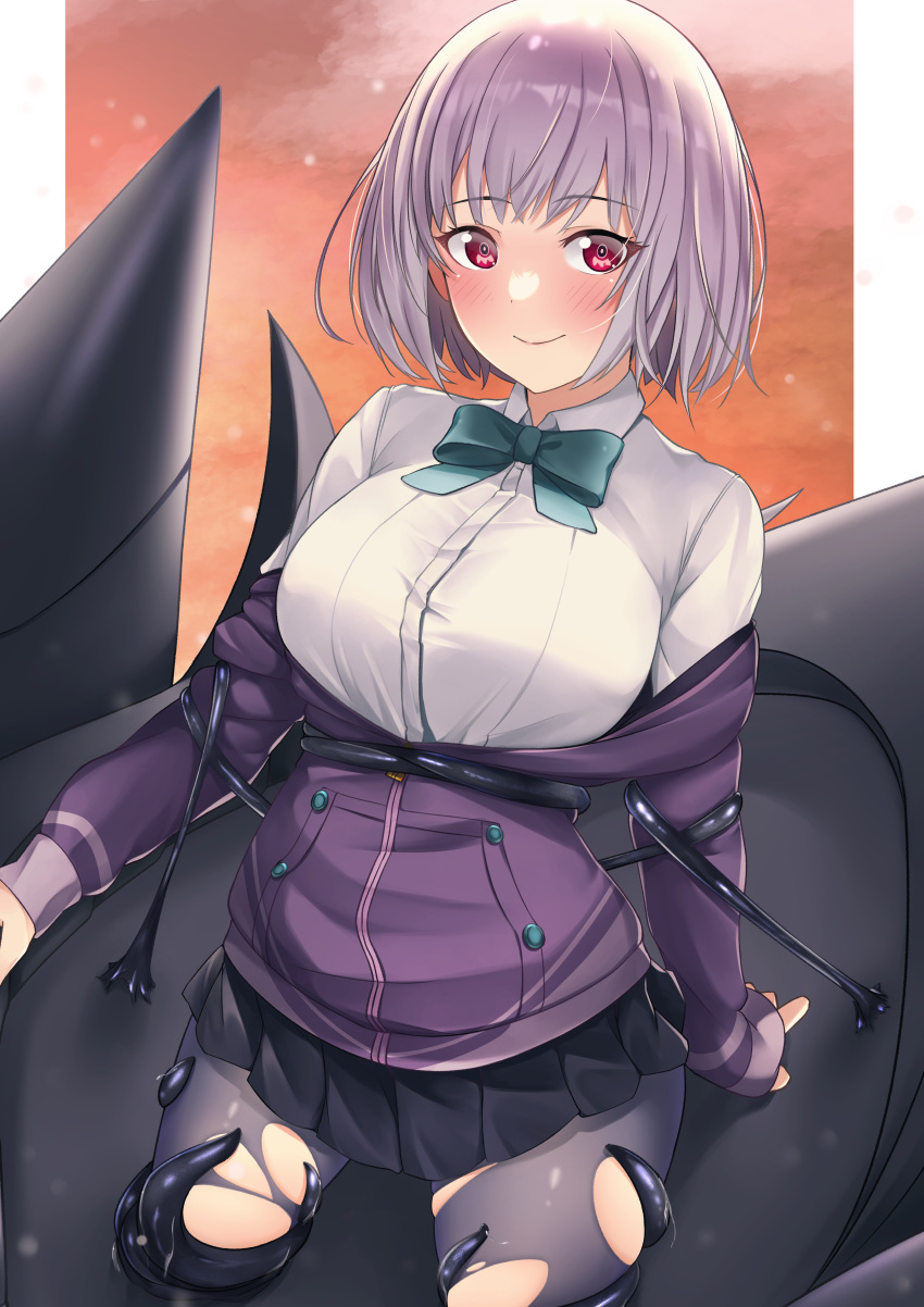 1girl absurdres aqua_bow aqua_bowtie arm_support azur_lane bangs black_skirt blush bow bowtie breasts closed_mouth collared_shirt commentary dusk eyebrows_visible_through_hair full_body gridman_universe hair_between_eyes highres jacket large_breasts liquid long_sleeves looking_at_viewer miniskirt mr2d off_shoulder pantyhose pleated_skirt purple_hair purple_jacket purple_legwear red_eyes school_uniform shinjou_akane shirt short_hair sidelocks skirt smile solo ssss.gridman tentacles torn_clothes torn_legwear white_background white_shirt