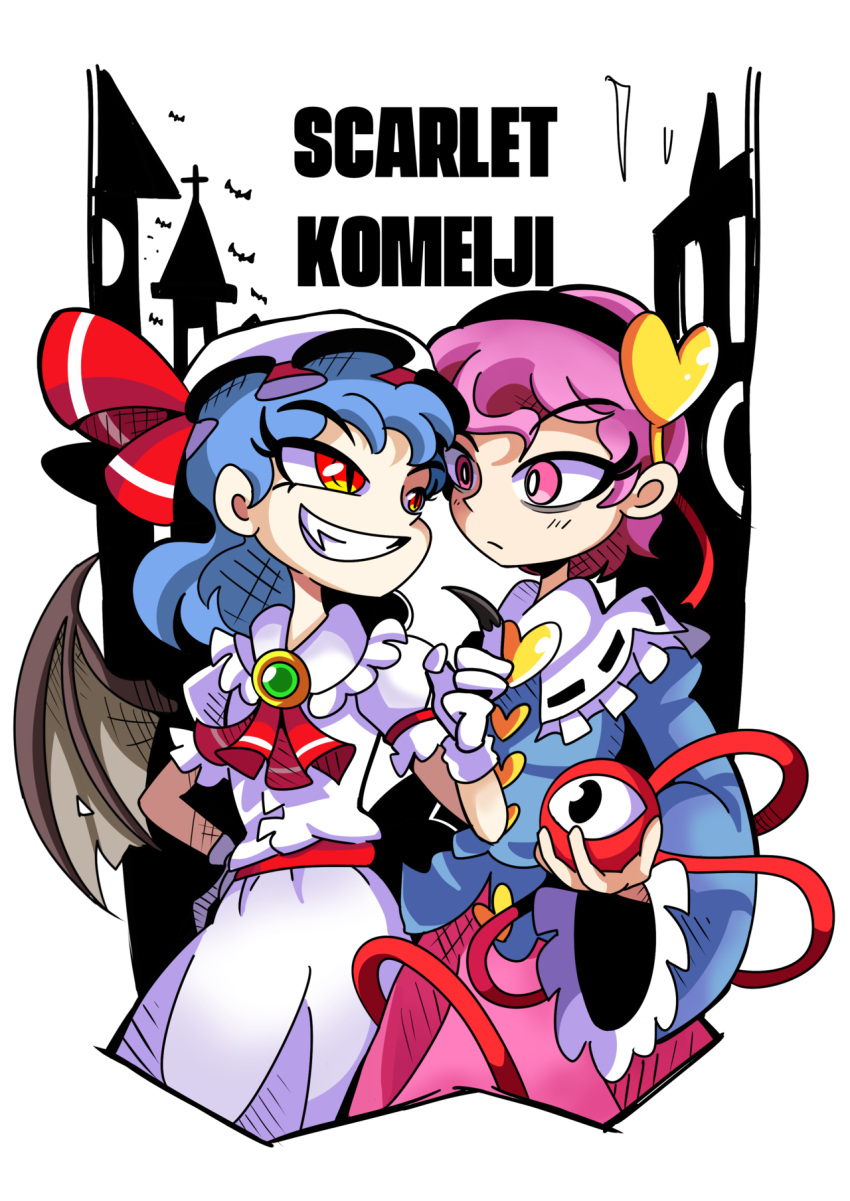 2girls bat_wings blue_hair bow bowtie brooch dress english_text gloves hair_ornament hat headband heart heart_hair_ornament highres jewelry komeiji_satori looking_at_another mob_cap multiple_girls peargor pink_hair red_eyes remilia_scarlet short_hair simple_background smile talons third_eye touhou vampire wings yellow_eyes