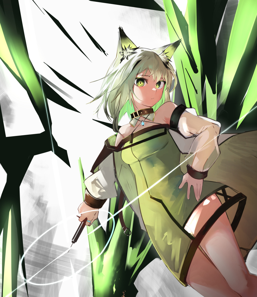 1girl absurdres animal_ear_fluff animal_ears ao_oni_(onioni-aoi) arknights bangs bare_shoulders cat_ears closed_mouth coat collared_shirt commentary_request dated dress eyebrows_visible_through_hair feet_out_of_frame green_dress green_eyes green_hair hand_on_hip highres holding holding_syringe jewelry kal'tsit_(arknights) looking_at_viewer medium_hair off-shoulder_dress off_shoulder open_clothes open_coat oripathy_lesion_(arknights) partial_commentary ring shirt solo standing syringe white_coat