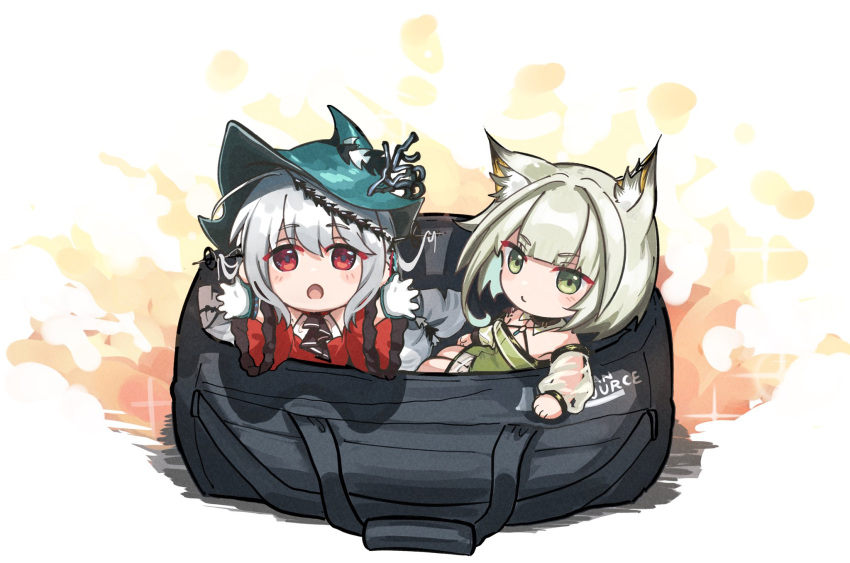 2girls animal_ears aqua_headwear arknights bag bangs blue_hair cat_ears cat_girl chibi closed_mouth dress duffel_bag eyebrows_visible_through_hair gloves green_eyes green_hair highres in_bag in_container kal'tsit_(arknights) looking_at_viewer mabing multiple_girls official_alternate_costume open_mouth pointy_hat red_dress red_eyes short_dress silver_hair skadi_(arknights) skadi_the_corrupting_heart_(arknights)