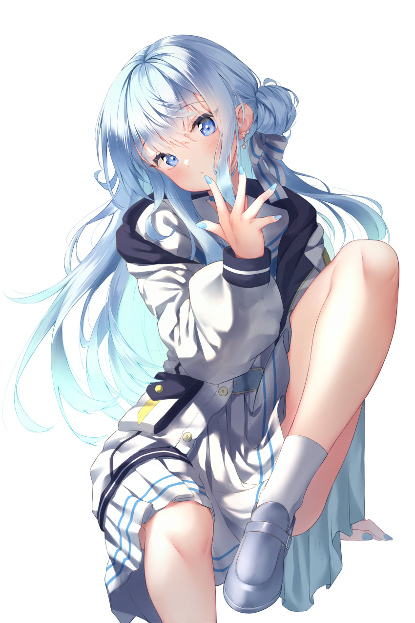 1girl absurdres bangs blue_eyes blue_hair blue_nails blush commentary earrings english_commentary eyebrows_visible_through_hair foot_out_of_frame grey_footwear hair_bun hair_ribbon hand_up head_tilt highres hololive hoshimachi_suisei ijac_ray jacket jewelry knee_up long_hair long_sleeves looking_at_viewer nail_polish open_clothes open_jacket pleated_skirt puffy_long_sleeves puffy_sleeves ribbon shoes sitting skirt socks solo star_(symbol) star_in_eye symbol_in_eye virtual_youtuber white_jacket white_legwear white_ribbon white_skirt