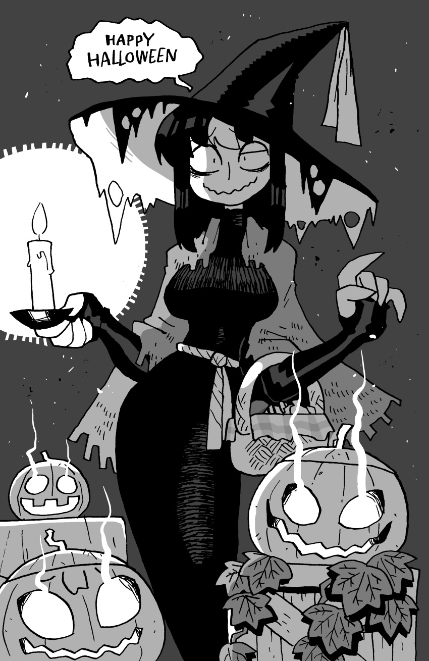 1girl absurdres black_dress black_hair candle dress english_text fingerless_gloves gloves greyscale hat highres jack-o'-lantern leaf looking_at_viewer monochrome multicolored_hair noss_(rariatto) original rariatto_(ganguri) shawl speech_bubble streaked_hair witch_hat