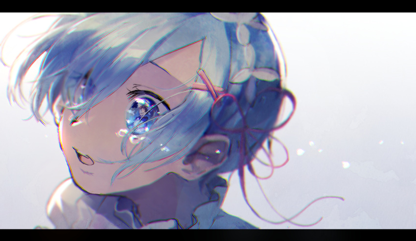 1girl bangs blue_eyes blue_hair blunt_bangs eye_reflection eyes_visible_through_hair frills hair_ornament hairclip mebaru natsuki_subaru parted_lips re:zero_kara_hajimeru_isekai_seikatsu reflection rem_(re:zero) solo_focus tearing_up